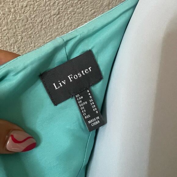 Liv Foster Womens US 4 Blue Pink Floral Abstract Ruffle V Neck Satin Maxi Dress - Picture 6 of 7